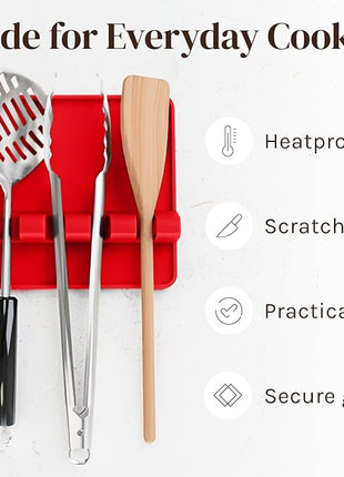 Red Silicone Spoon Rest for Stove Top with Drip Pad (Two Pack) - Heat-Resistant, BPA-Free Utensil Rest & Spoon Holder for Kitchen Counter - Grill Utensil Holder for Spatulas, Tongs, Ladles