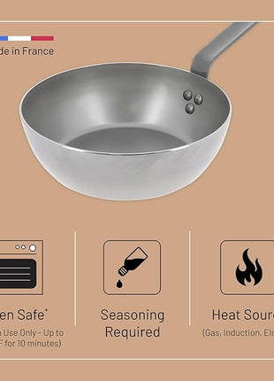 De Buyer MINERAL B Carbon Steel Country Fry Pan - 9.5” Diameter, 6.5” Cooking Surface - Ideal for Sauteing, Simmering, Deep Frying & Stir Frying - PFAS, PFOA & PFOS Free - Made in France