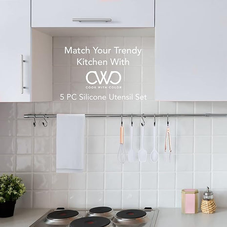 COOK WITH COLOR Silicone Cooking Utensils, Kitchen Utensil Set, Easy to Clean Silicone Kitchen Utensils, Cooking Utensils for Nonstick Cookware, Kitchen Gadgets Set, Standard, White