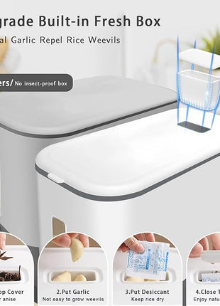 22-25 Lbs Rice Dispenser, Large Cereal Dry Food Storage Containers with Measuring Cup,BPA-Free Household for Kitchen Pantry Organization-Grey