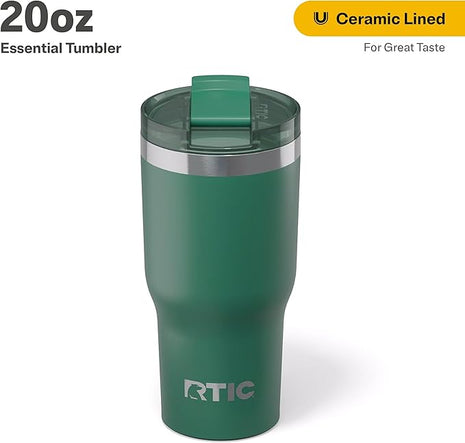 RTIC 20oz Essential Tumbler with Lid, Ceramic Lined, Insulated, Stainless Steel, Metal, Double Wall Vacuum-Insulation, Travel Cup for Iced Coffee, Tea, Hot and Cold Drink, Pine Tree
