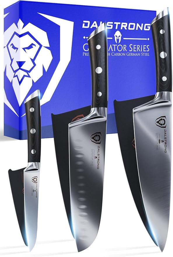 Dalstrong 3pc Knife Set - Gladiator Series Elite - Chef Essentials - Chef Knife, Santoku Knife, Paring Knife - G10 Handle - High Carbon German Steel - w/Sheaths - NSF Certified