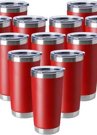 HASLE OUTFITTERS 20oz Tumblers Stainless Steel Mugs with Lid Double Wall Vacuum Insulated Coffee Cups for Cold & Hot Drinks (20oz-Red, 12 Pack)