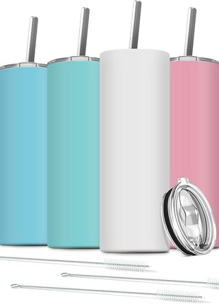 6 Pack Stainless Steel Skinny Tumbler, 20 OZ Double-Insulated Water Tumbler Cup with 6 Straw and 3 Brush, Vacuum Travel Mug Gift for Hot Cold Drinks with Cleaning(Assorted Colors)