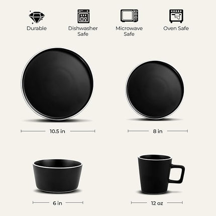 Zulay Kitchen Terra Stoneware Dinnerware Set, Artisanal Ceramic Plates and Bowls Set Crafted at 2300℉ - Service for 4, Black Matte with White Rim