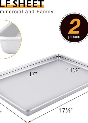 HONGBAKE Half Baking Sheet Pan Set of 2, Nonstick Cookie Sheet for Oven, Heavy Duty 1/2 Commercial Cookie Trays, Dishwasher Safe - Silver