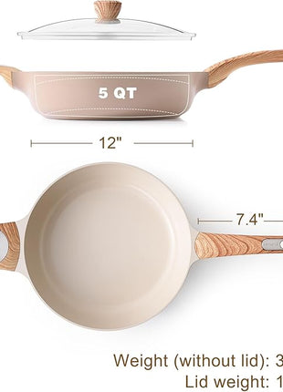 SENSARTE Ceramic Nonstick Frying Pan Skillet with Lid, 12 Inch Large Deep Frying Pan, 5 QT Saute Pan, Induction Pan, Healthy Non Toxic Cooking Pan with Helper Handle, PFOA PFAS PTFE Free