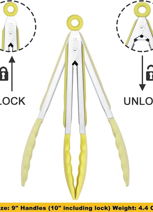 Silicone Tipped Tongs 9-Inch Kitchen Cooking Tongs, Set of 3 (Yellow)