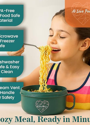AI LOVE PEACE Ramen Bowl, 40 oz Microwaveable Noodle Cooker for Ramen, Pho, Soup, and Pasta, Dishwasher Safe and Portable, Ideal for Home, Office, Dorm, or Gift (Green)