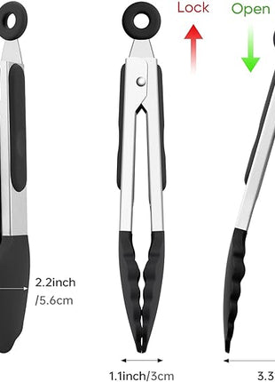 7-Inch Silicone Tongs Pack of 3, Small Tongs with Silicone Tips for Cooking, Barbecue, Buffet Serving (7", Black/Grey/White)