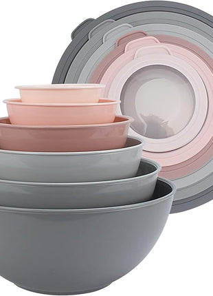 COOK WITH COLOR Mixing Bowls with TPR Lids - 12 Piece Plastic Nesting Bowls Set includes 6 Prep Bowls and 6 Lids, Microwave Safe Mixing Bowl Set (Pink Ombre)