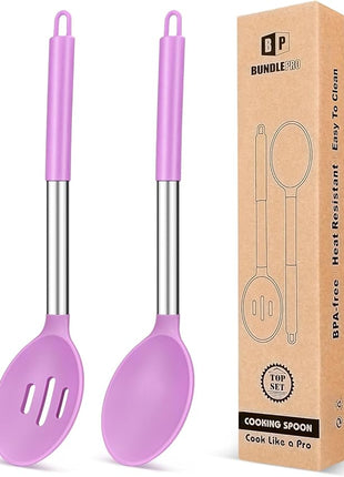 Pack of 2 Large Silicone Cooking Spoons,Non Stick Solid Basting Spoon,Heat-Resistant Kitchen Utensils for Mixing,Serving,Draining,Stirring (PURPLE)