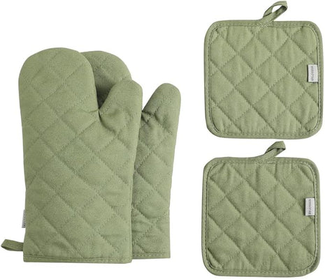 Oven Mitts and Pot Holders 4 pcs Set,High Heat Resistant 500 Degree Extra Thicken Long Kitchen Cotton Oven Glove for Cooking (12 Inch,Green)