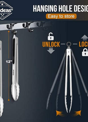 Grill Tongs, Bbq tongs - 12" and 17 Inch Extra Long Kitchen Tong, Heat Resistant 600 Degrees Stainless Steel tongs, Metal Locking Tong for Cooking, Grilling, Outdoor Barbecue, Set of 2