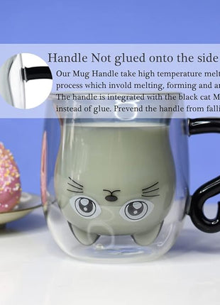 Black Cat Mug Cute Mug with Handle Double Walled Coffee Mugs Kawaii Cat Presents for Women Glass Mugs Tea Cup Cute Birthday Gifts for Cat Lovers Ideas Halloween Christmas