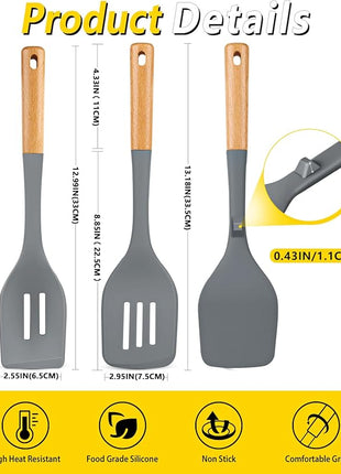 Pack of 4 Silicone Kitchen Utensils Set, Non Stick Solid Spatulas and Heat Resistant Slotted Spoons with Wooden Handle, Ideal BPA Free Cooking Utensils for Mixing,Serving,Turning,Stirring(GRAY)