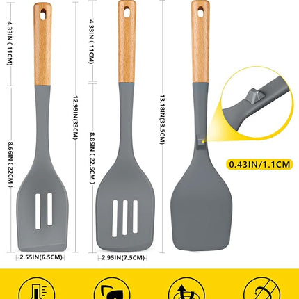 Pack of 4 Silicone Kitchen Utensils Set, Non Stick Solid Spatulas and Heat Resistant Slotted Spoons with Wooden Handle, Ideal BPA Free Cooking Utensils for Mixing,Serving,Turning,Stirring(GRAY)
