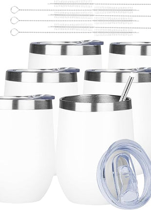 MEZMUT 12 Oz Insulated Wine Tumbler with Lid Double Wall Vacuum Stainless Steel Wine Glass Coffee Mug Insulated Tumbler Cup for Champaign, Cocktail, Beer (White, 6 Pack)