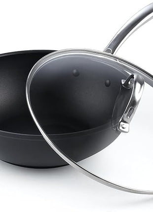Cooks Standard Nonstick Stir-Fry Wok Pan 11-Inch, Hard Anodized Deep Frying Pan with Glass Lid, Flat Bottom, Black