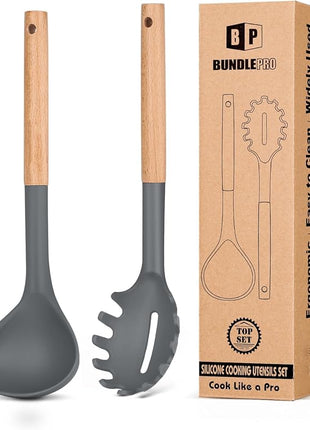 Silicone Pasta Fork and Ladle Spoon Set with Wooden Handle, Heat Resistant Non Stick Kitchen Utensils for Cooking, Stirring, Serving Spaghetti, Soup, Sauce(GRAY)
