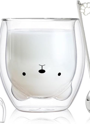 Bear Cute Mugs Kawaii Double Wall Glass Coffee Tea Mill Yogurt Cup Funny Novelty Gift for Women Her Friends Office Birthday Christmas