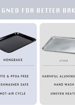 HONGBAKE 2 Pack Quarter Sheet Pan for Baking - Nonstick 13.8 x 9.8 Small Cookie Sheet with Wider Grips, 27% Thicker Carbon Steel Commercial Oven Tray - Black
