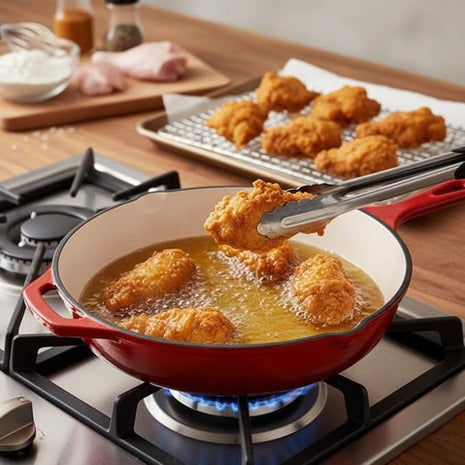 Hamilton Beach Enameled Cast Iron Fry Pan 12-Inch Red, Cream Enamel Coating, Skillet Pan for Stove Top and Oven