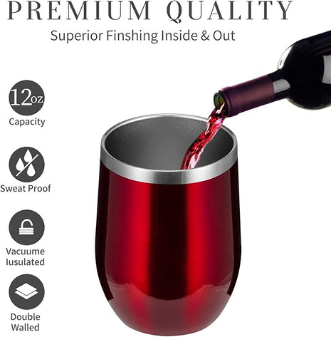 MEWAY 12oz/8 Pack Wine Tumbler Glasses with Lid - Stemless Double Wall Vacuum Stainless Steel Travel Tumbler - Keeping Cold & Hot for Wine,Coffee,Cocktails,Gifts (Burgundy,Set of 8)