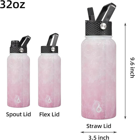 BJPKPK Insulated Water Bottles with Straw Lid, 32oz Metal Large Water Bottle with 3 Lids, Reusable Leak Proof BPA Free Thermo, Stainless Steel Tumblers for Sports, Gym, Travel-Blossom