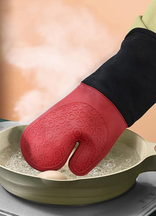 sungwoo Extra Long Silicone Oven Mitts, Heat Resistant Oven Gloves with Quilted Liner Non-Slip Textured Grip Perfect for BBQ, Baking, Cooking and Grilling - 1 Pair 14.6 Inch Red & Black