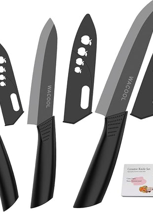 WACOOL Ceramic Knife Set 3-Piece (Includes 6-inch Chef's Knife, 5-inch Utility Knife and 4-inch Fruit Paring Knife), with 3 Knife Sheaths for Each Blade (Black Blade)