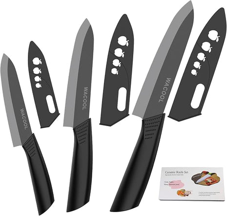 WACOOL Ceramic Knife Set 3-Piece (Includes 6-inch Chef's Knife, 5-inch Utility Knife and 4-inch Fruit Paring Knife), with 3 Knife Sheaths for Each Blade (Black Blade)