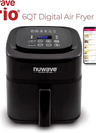Nuwave Brio 6-Quart Digital Air Fryer Including Non-Stick Baking Pan and Stainless-Steel Cooking Rack (6-Quart + Gourmet Kit), Black