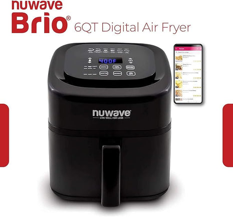 Nuwave Brio 6-Quart Digital Air Fryer Including Non-Stick Baking Pan and Stainless-Steel Cooking Rack (6-Quart + Gourmet Kit), Black