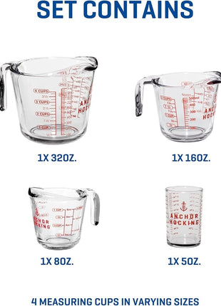 Anchor Hocking Glass Measuring Cups, 4 Piece Set (5 Ounce, 1 Cup, 2 Cup, 4 Cup liquid measuring cups)