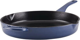Ayesha Curry Kitchenware Enameled Cast Iron Skillet/Frying Pan with Helper Handle and Pour Spouts, 12 Inch - Anchor Blue