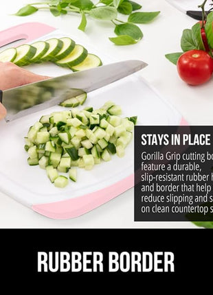 GORILLA GRIP BPA-Free Reversible Kitchen Cutting Board Set of 3, US Designed, Nonporous, Juice Grooves Catch Liquid, Slip Resistant Border, Dishwasher Safe, Durable Large Food Chopping Boards, Pink