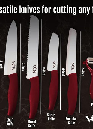 Vos Ceramic Knife with Peeler, Knives Set For Kitchen, Ultra Sharp Kitchen Knife Set with Covers, 4" 5" 6" 7" 8" Paring, Chef Knife, Santoku & 2 more, Lightweight, Dishwasher safe (Red)