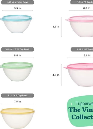 Tupperware Heritage Wonderlier 10 Piece Food Storage Bowl Set in Vintage Colors- Dishwasher Safe & BPA Free - (5 Containers + 5 Lids)
