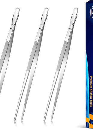 JETKONG 12-Inch Cooking Tweezer Tongs Food Tweezers for Kitchen and Barbecue, Set of 3 (12 12 12 Inch, Silver)