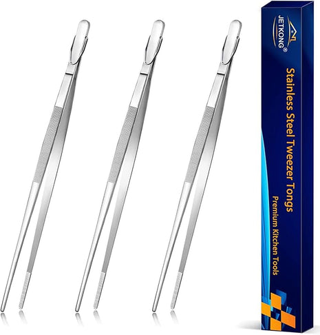 JETKONG 12-Inch Cooking Tweezer Tongs Food Tweezers for Kitchen and Barbecue, Set of 3 (12 12 12 Inch, Silver)