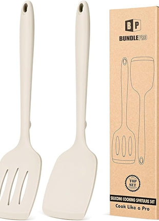 Pack of 2 Silicone Spatula Turners, Non Stick Slotted Kitchen Spatula Set, Heat Resistant BPA Free Kitchen Utensils, One-Piece Design, Suitable for Flipping Fish, Eggs, Steak, Pancakes(KHAKI)