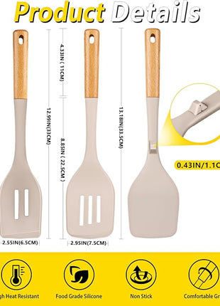 Pack of 4 Silicone Kitchen Utensils Set, Non Stick Solid Spatulas and Heat Resistant Slotted Spoons with Wooden Handle, Ideal BPA Free Cooking Utensils for Mixing,Serving,Turning,Stirring(KHAKI)