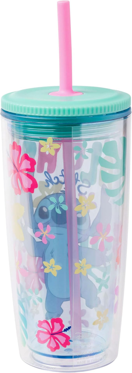 Silver Buffalo Disney Lilo and Stitch “Aloha” Spill Resistant Plastic Tumbler, 20 Ounces