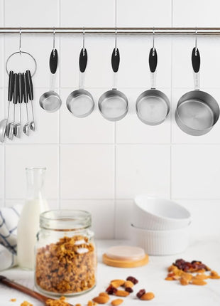 Joyhill Stainless Steel Measuring Cups and Spoons Set of 10 Piece, Nesting Metal Measuring Cups Set with Soft Touch Silicone Handles for Dry and Liquid Ingredients, Cooking & Baking (Black)