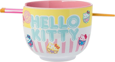 Silver Buffalo Sanrio Hello Kitty Pastel Colored Ceramic Ramen Noodle Rice Bowl with Chopsticks, Microwave Safe, 20 Ounces