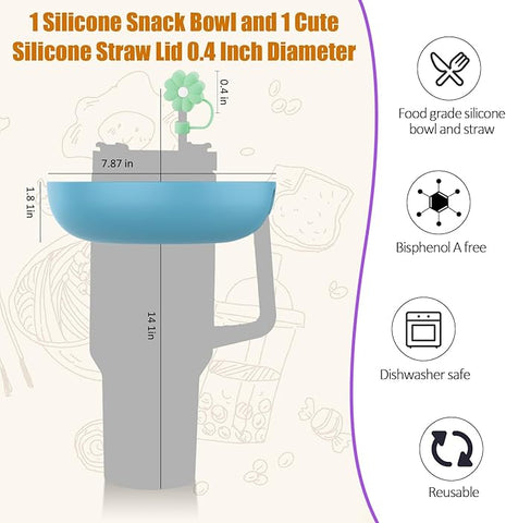 Snack Bowl for Stanley Cup 40 oz with Handle-Perfectly Compatible with Stanley Quencher H2.0 Tumbler 40 oz with Handle, Reusable Silicone Snack Tray, Stanley cup accessories (Blue Snack Bowl)