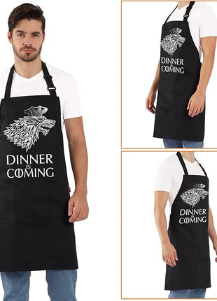Grill Aprons for Men Women, Dinner is Coming Kitchen Chef Apron with 2 Pockets and 40" Long Ties, Adjustable Bib Apron for Cooking, BBQ, Baking, Gardening, Black