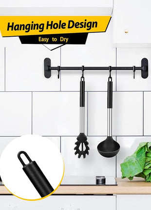 Silicone Pasta Fork and Ladle Spoon Set, Large Non Stick Kitchen Utensils for Cooking,Stirring,Serving Spaghetti, Soup, Sauce (BLACK)