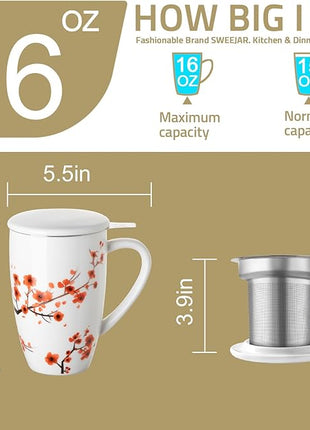 Sweejar Porcelain Tea Mug with Infuser and Lid,Teaware with Filter, Loose Leaf Tea Cup Steeper Maker, 16 Fl Oz for Tea/Coffee/Milk/Women/Office/Home/Gift (Plum Blossom)